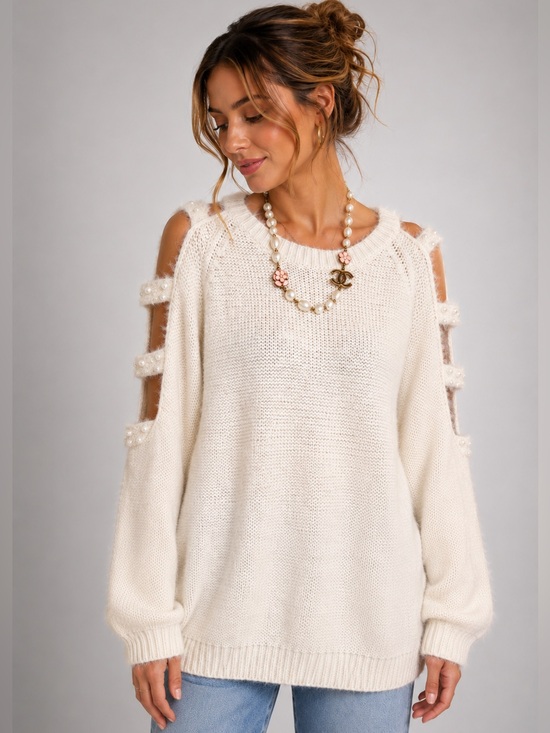 Easel Los Angeles Sweaters - Easel Cream Pearl Cutout Sleeve Fuzzy Knit Sweater S/M
